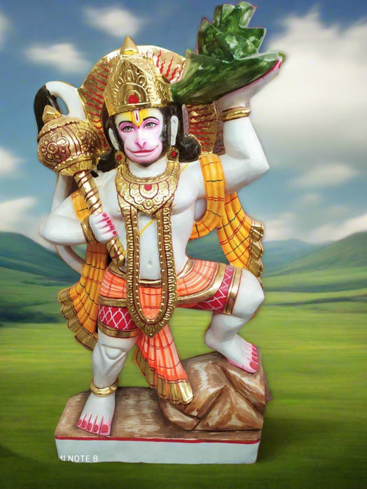 Veer Hanuman Lifted Dronagiri Mountain White Marble Painted Statue