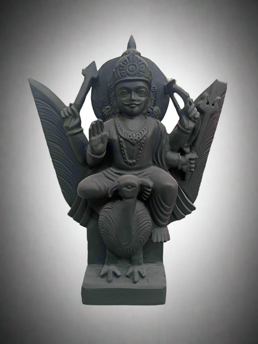 Lord Sani Dev Sitting on Crow Black Marble Statue