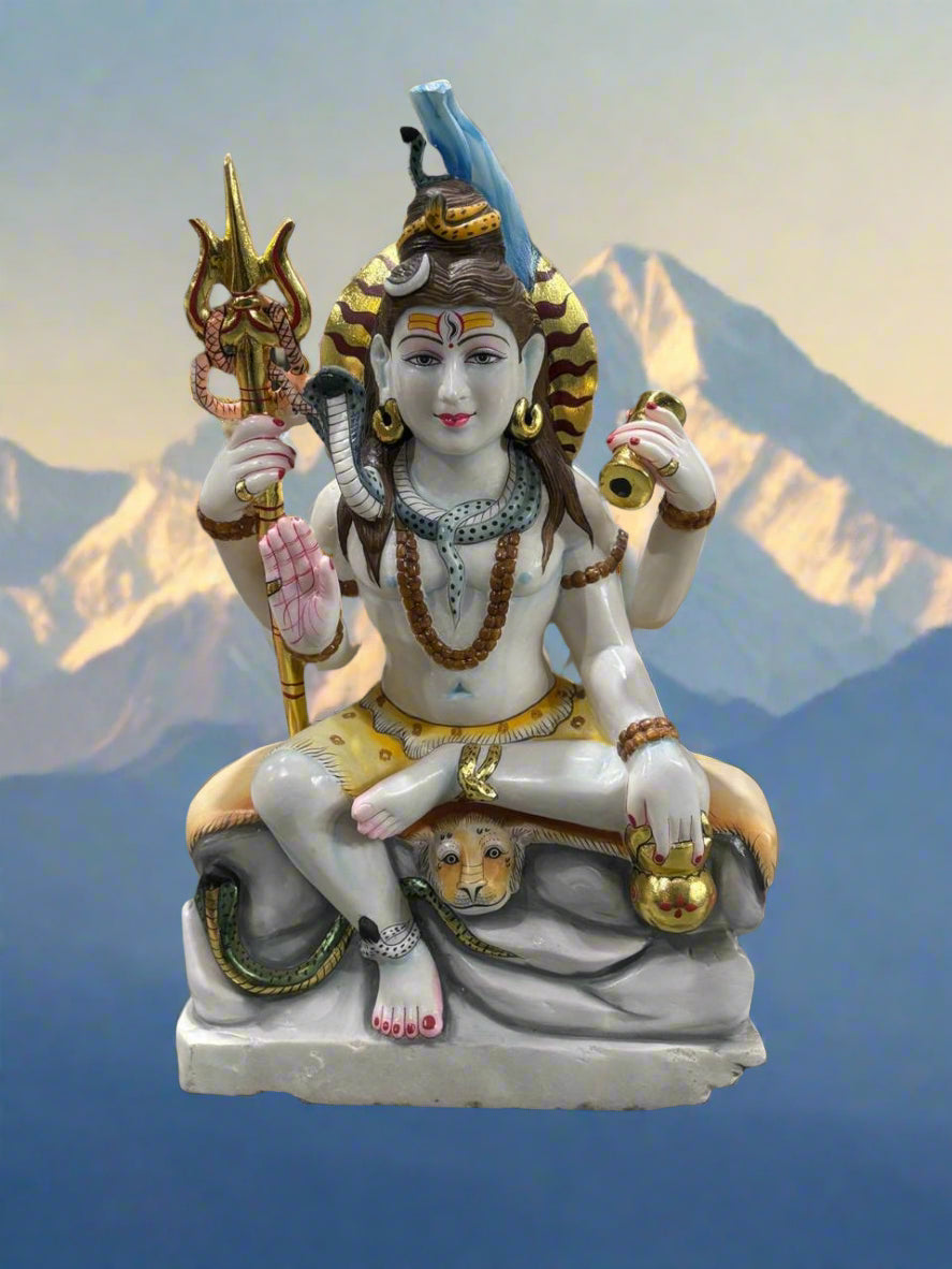 Shiva Sitting on the Peak of Mountain White Marble Statue